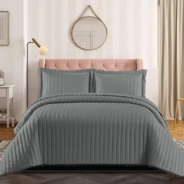 Pom Pom Quilted Bedspread Set UK Grey 1
