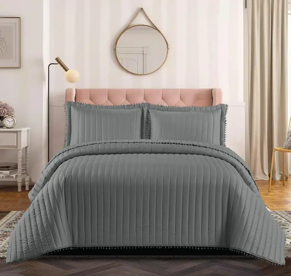 Pom Pom Quilted Bedspread Set UK Grey 1