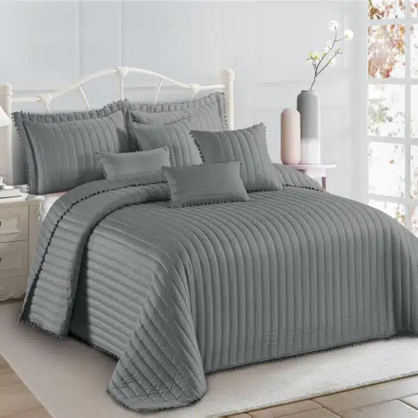 Pom Pom Quilted Bedspread Set UK Grey 2