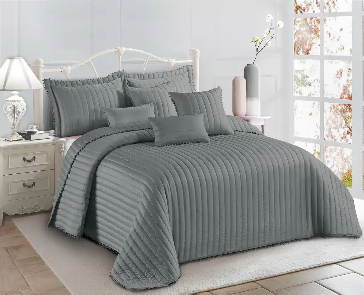 Pom Pom Quilted Bedspread Set UK Grey 2
