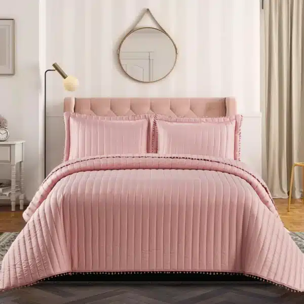 Pom Pom Quilted Bedspread Set UK pink 1