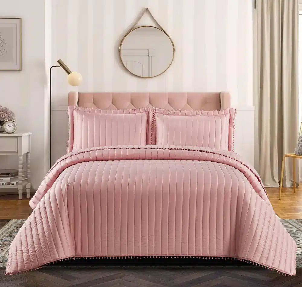 Pom Pom Quilted Bedspread Set UK pink 1