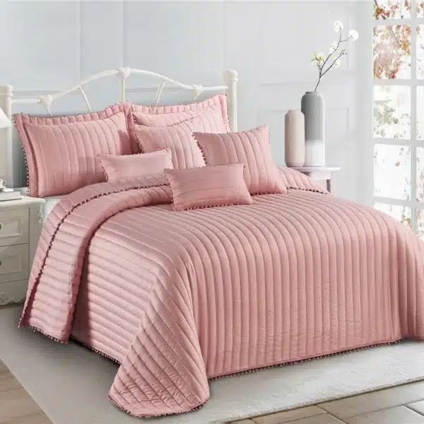 Pom Pom Quilted Bedspread Set UK pink 2