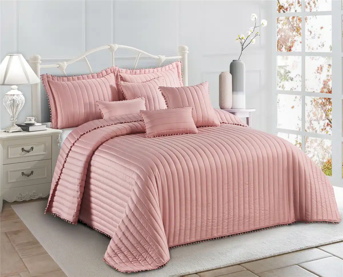 Pom Pom Quilted Bedspread Set UK pink 2