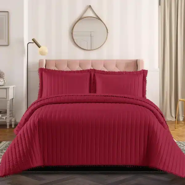 Pom Pom Quilted Bedspread Set UK Red 1