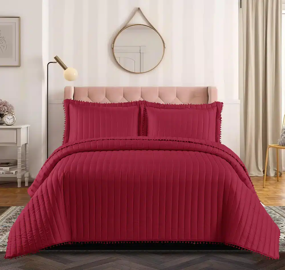 Pom Pom Quilted Bedspread Set UK Red 1