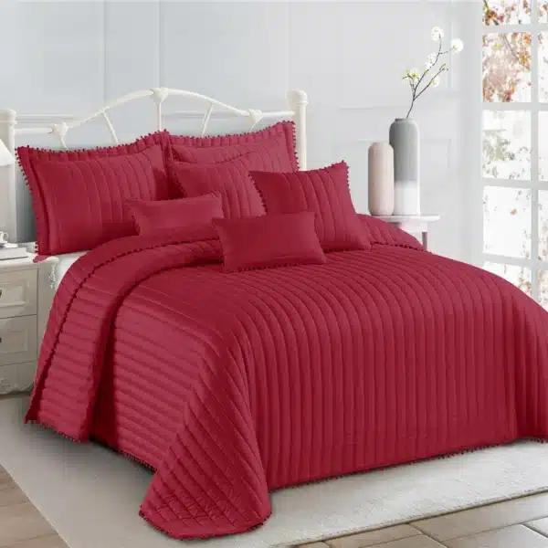 Pom Pom Quilted Bedspread Set UK Red 2