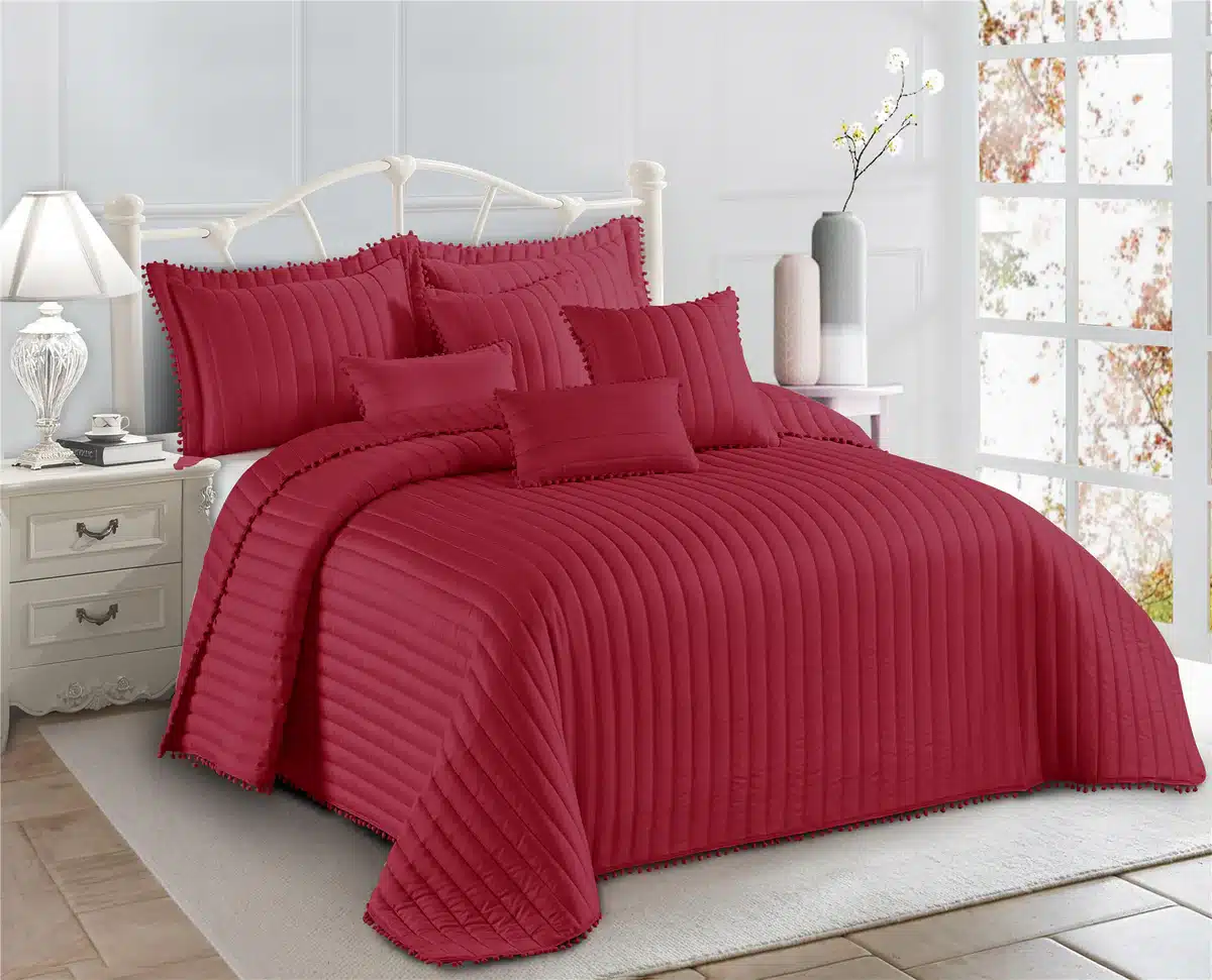Pom Pom Quilted Bedspread Set UK Red 2