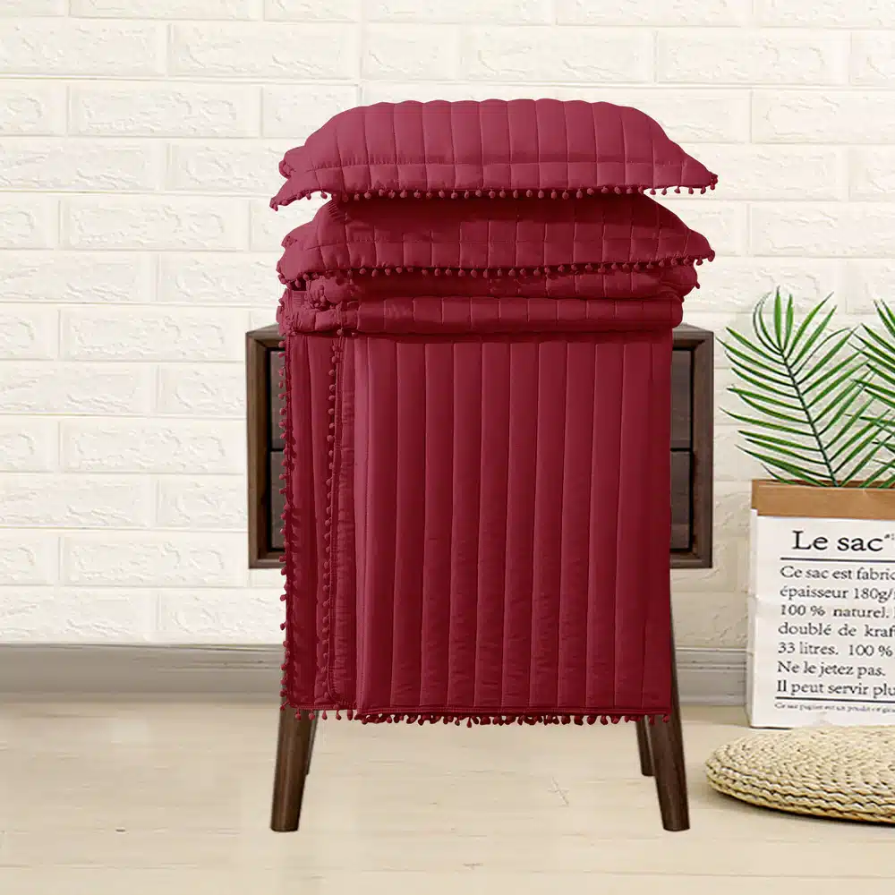 Pom Pom Quilted Bedspread Set UK Red 3