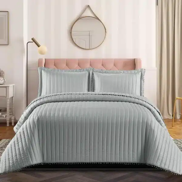 Pom Pom Quilted Bedspread Set UK Silver 1