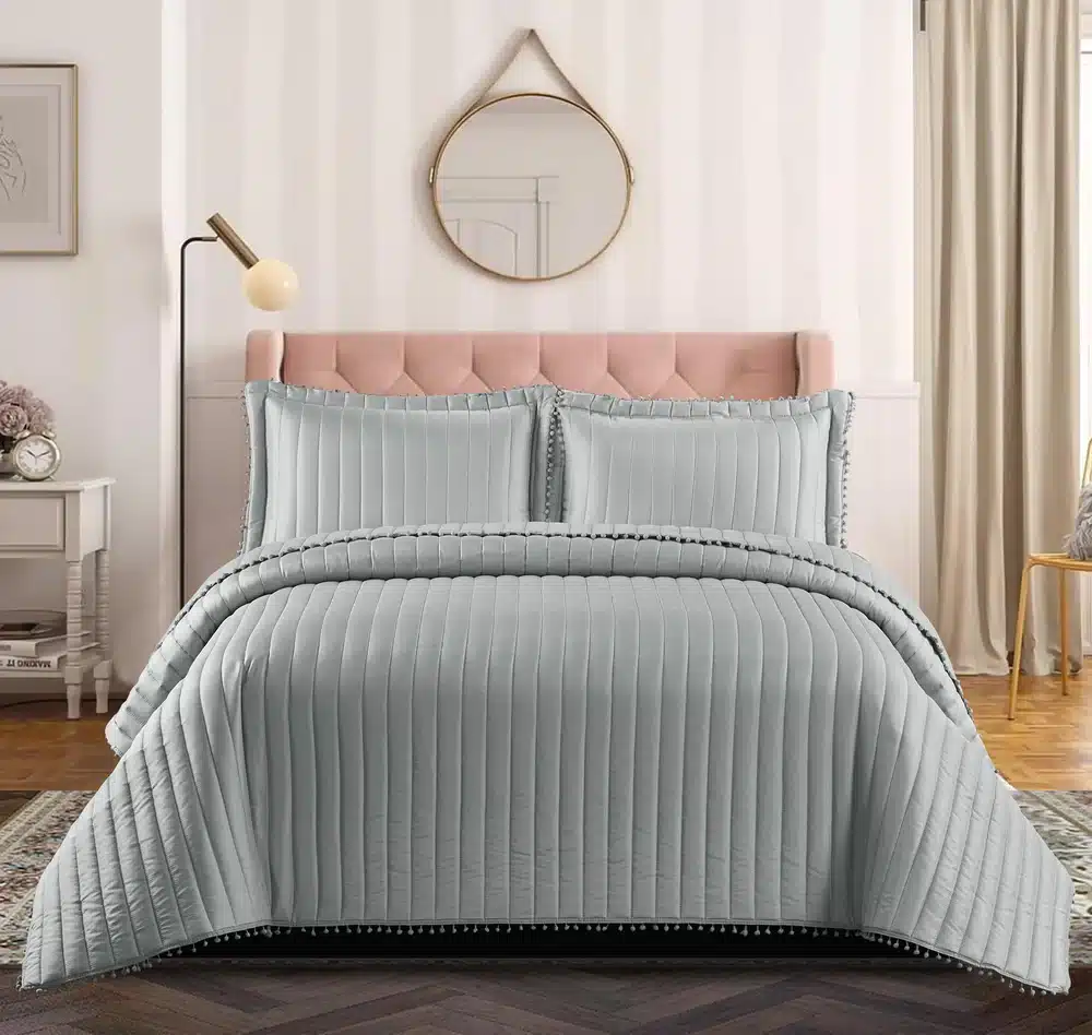 Pom Pom Quilted Bedspread Set UK Silver 1