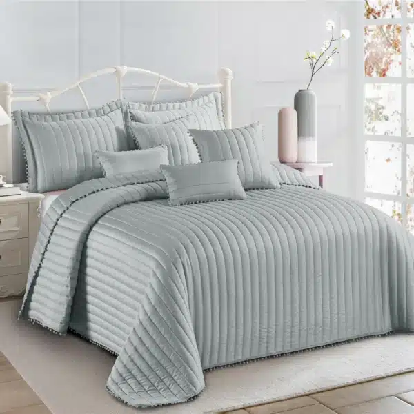 Pom Pom Quilted Bedspread Set UK Silver 2
