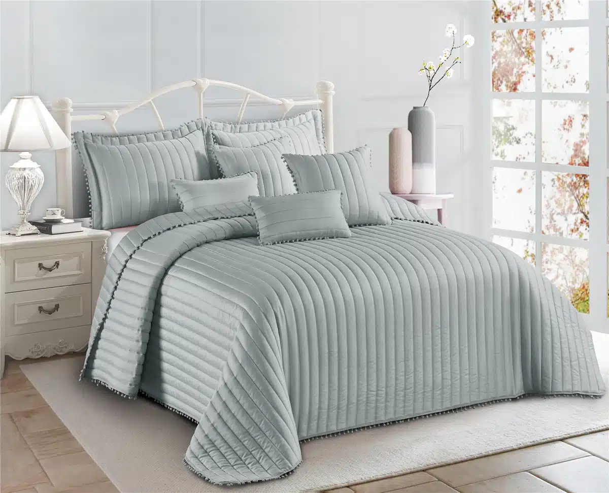 Pom Pom Quilted Bedspread Set UK Silver 2