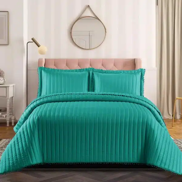 Pom Pom Quilted Bedspread Set UK Teal1