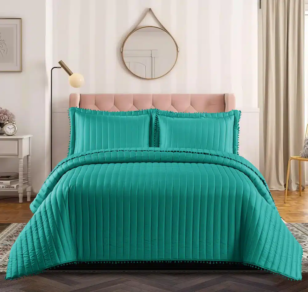 Pom Pom Quilted Bedspread Set UK Teal1