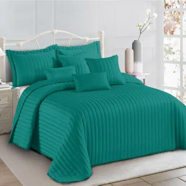 Pom Pom Quilted Bedspread Set UK Teal 2