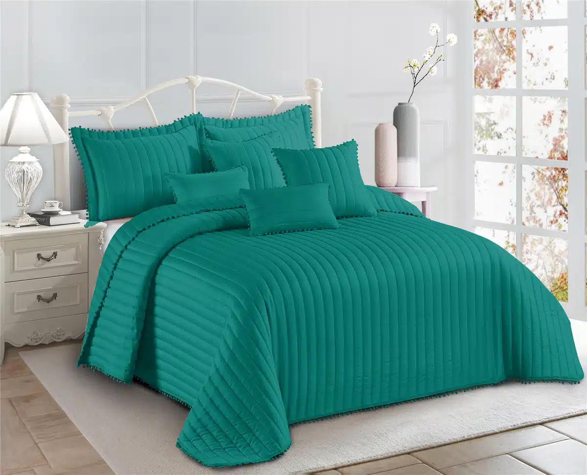 Pom Pom Quilted Bedspread Set UK Teal 2