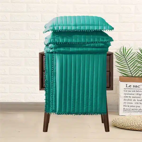 Pom Pom Quilted Bedspread Set UK Teal 3