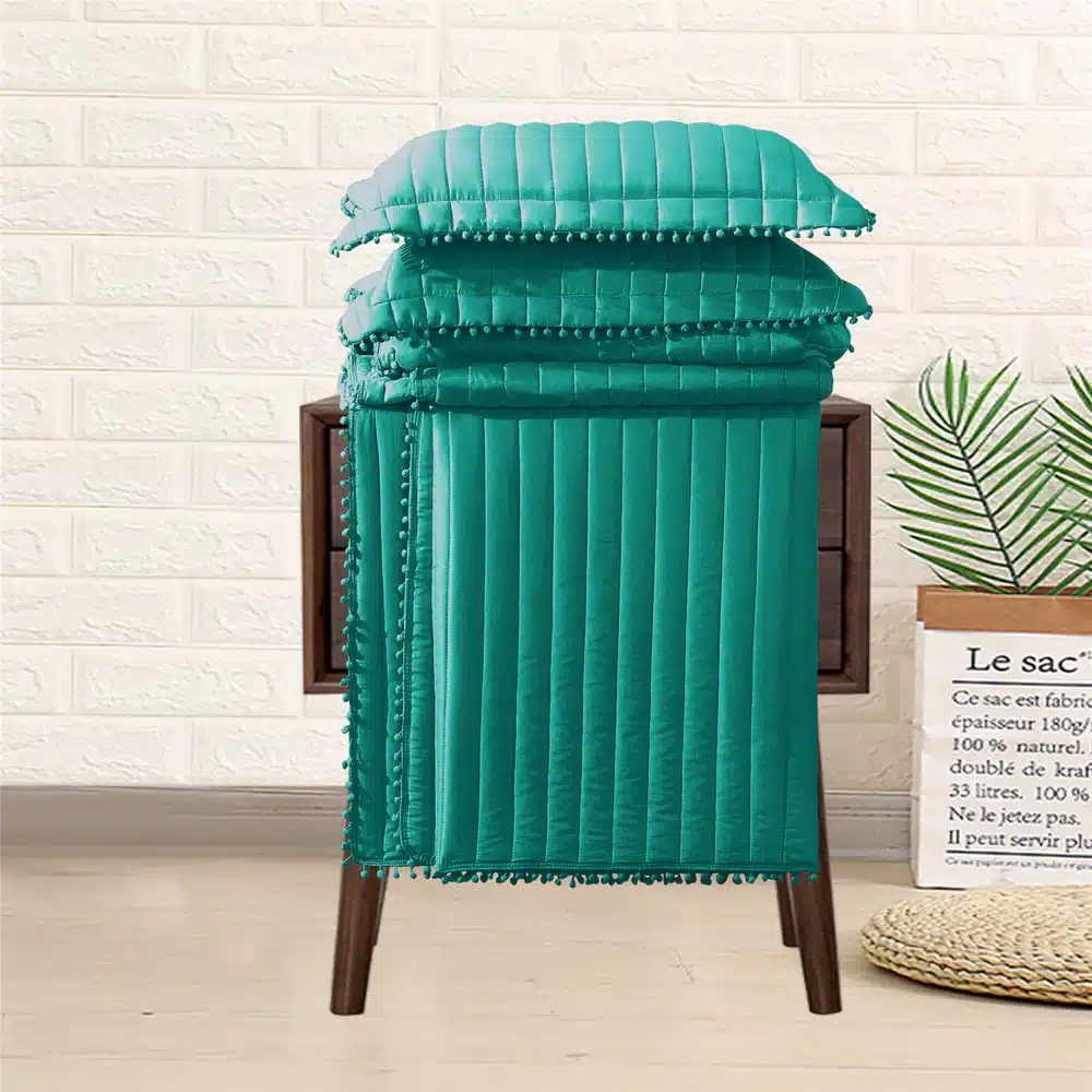 Pom Pom Quilted Bedspread Set UK Teal 3