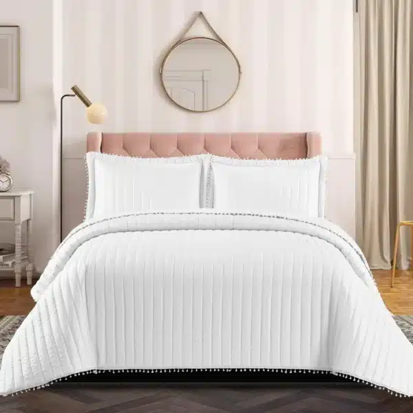 Pom Pom Quilted Bedspread Set UK White