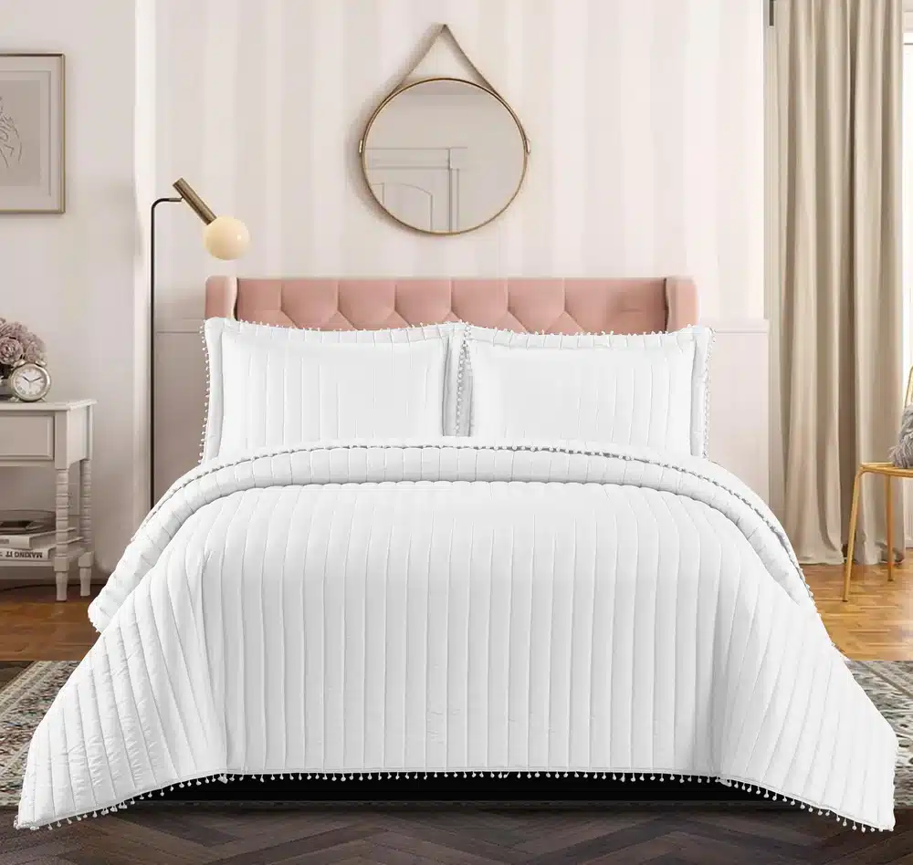 Pom Pom Quilted Bedspread Set UK White
