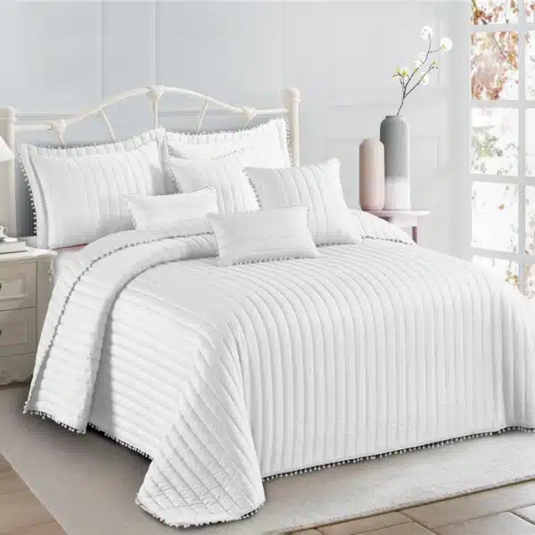 Pom Pom Quilted Bedspread Set UK White 2