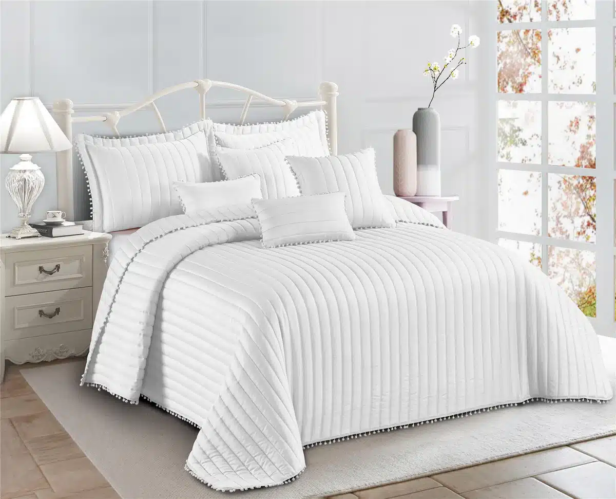 Pom Pom Quilted Bedspread Set UK White 2