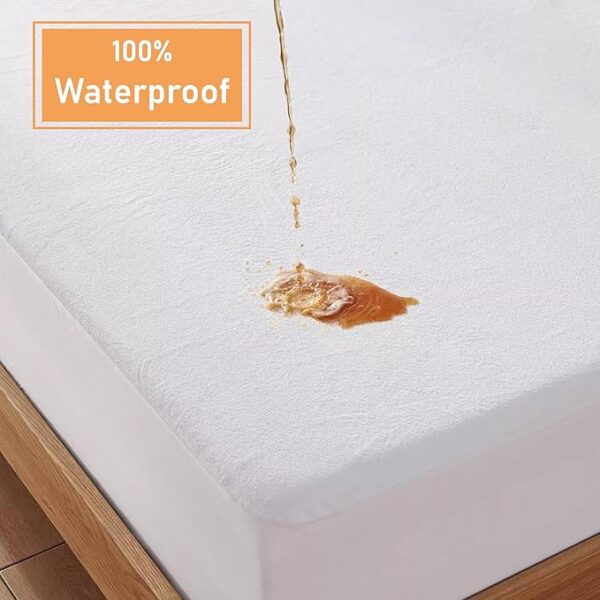White waterproof mattress protector with soft terry towel surface for everyday bed protection