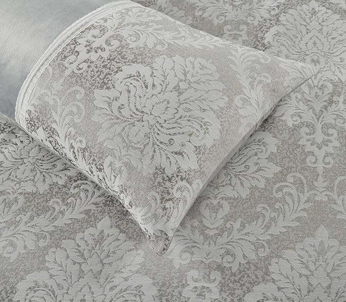 Charm silver grey damask duvet cover set styled for a modern bedroom