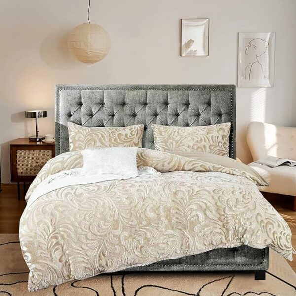 Beige pressed velvet teddy fleece duvet cover set with soft warm texture
