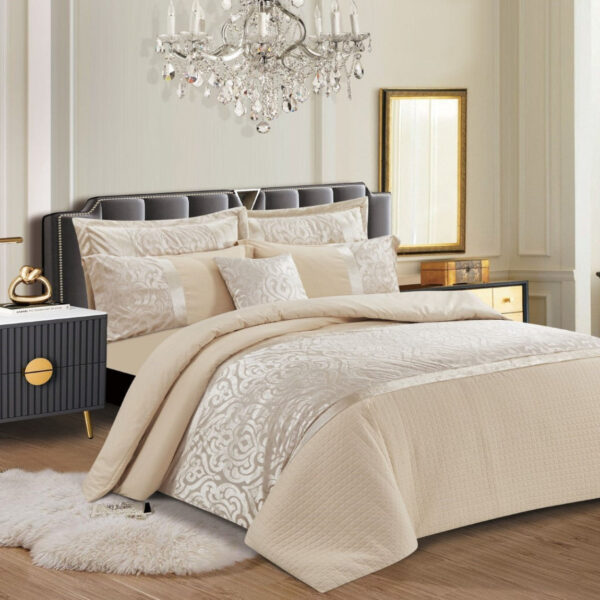 Beige Infinity jacquard velvet duvet cover set styled on a bed