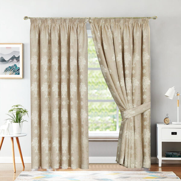 Beige Virginia jacquard pencil pleat curtains fully lined Rugstars UK