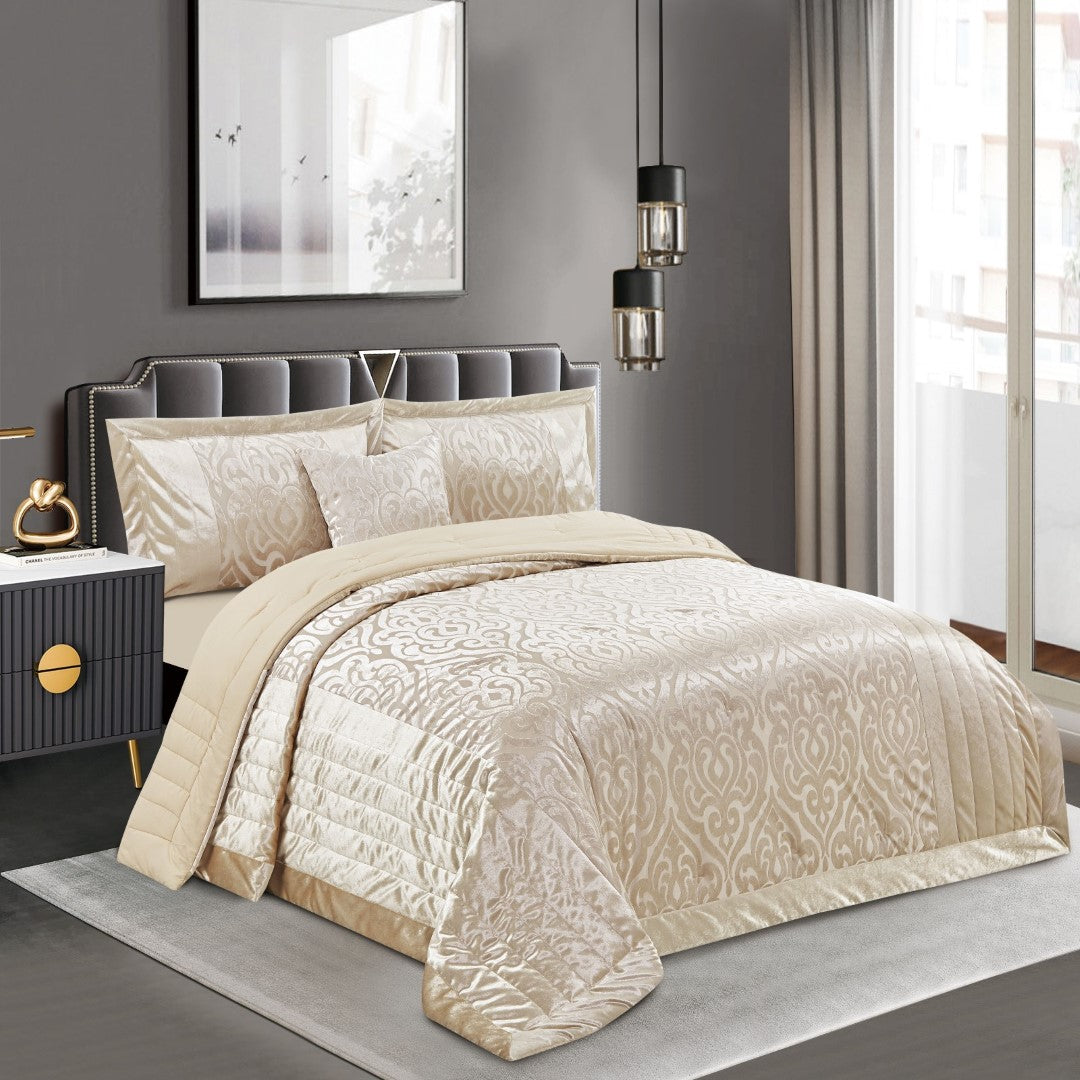 Beige Infinity jacquard velvet bedspread bedroom set Rugstars UK
