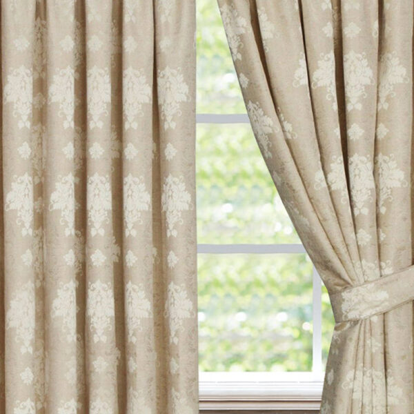 Beige Virginia pencil pleat curtains woven damask detail Rugstars UK