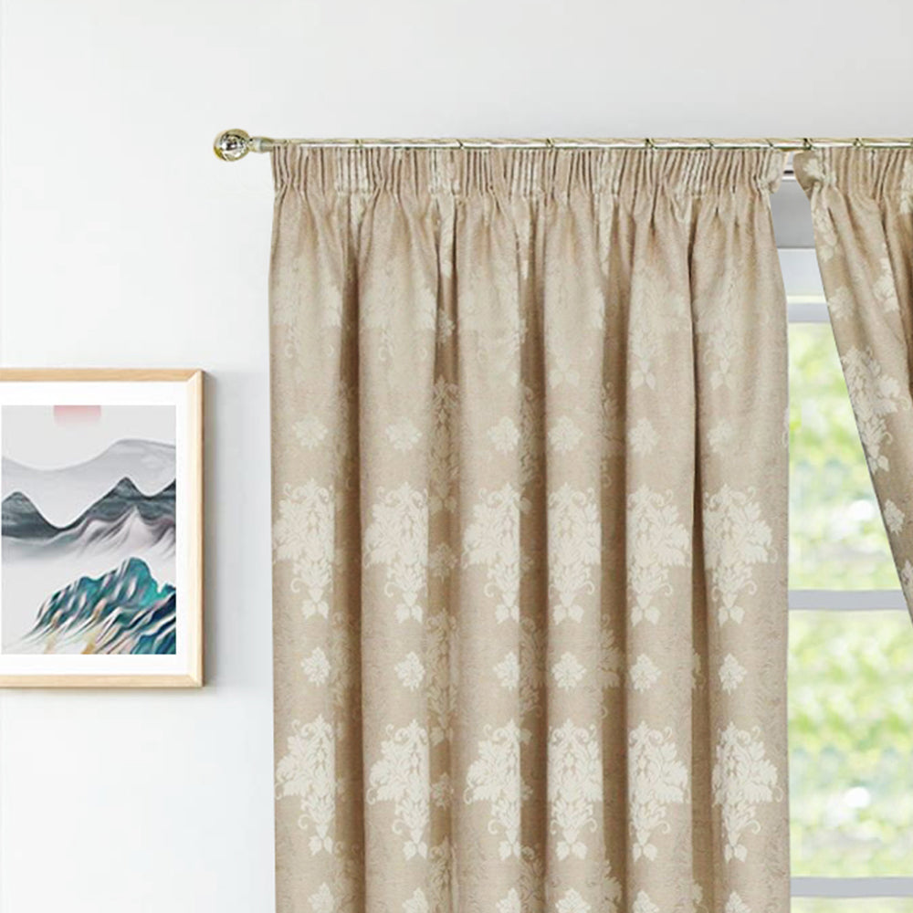 Beige Virginia fully lined pencil pleat curtains close up Rugstars UK