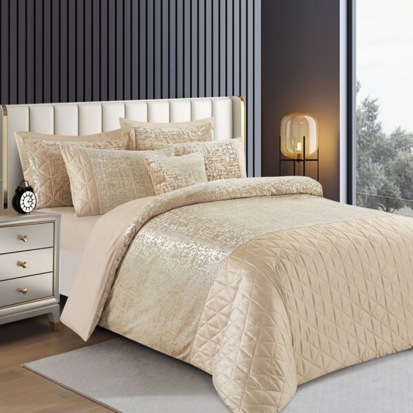Beige crushed velvet duvet cover set for soft neutral bedroom styling