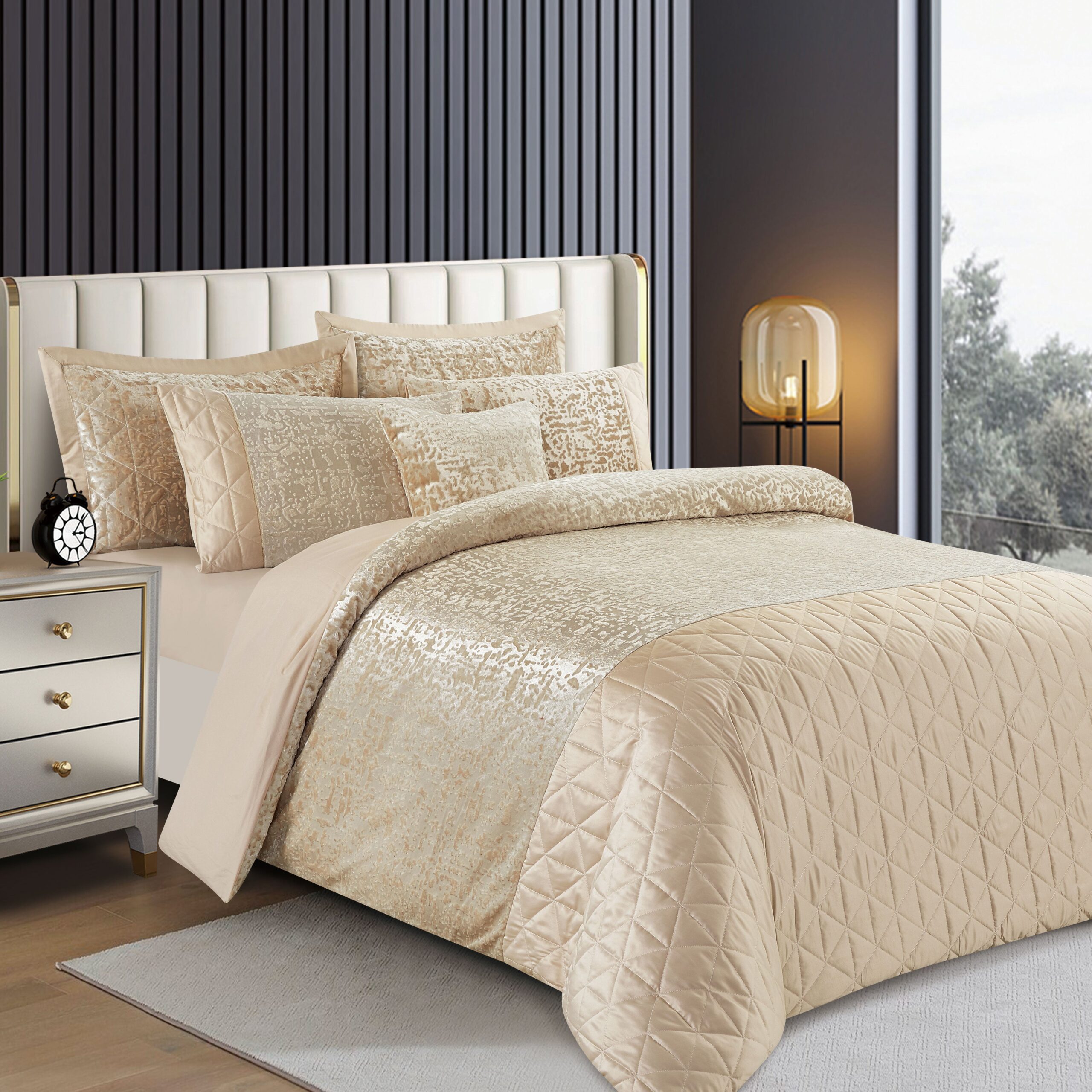 Beige crushed velvet duvet cover set for soft neutral bedroom styling