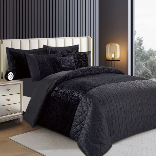 Black crushed velvet duvet cover set with plush textured bedding finish