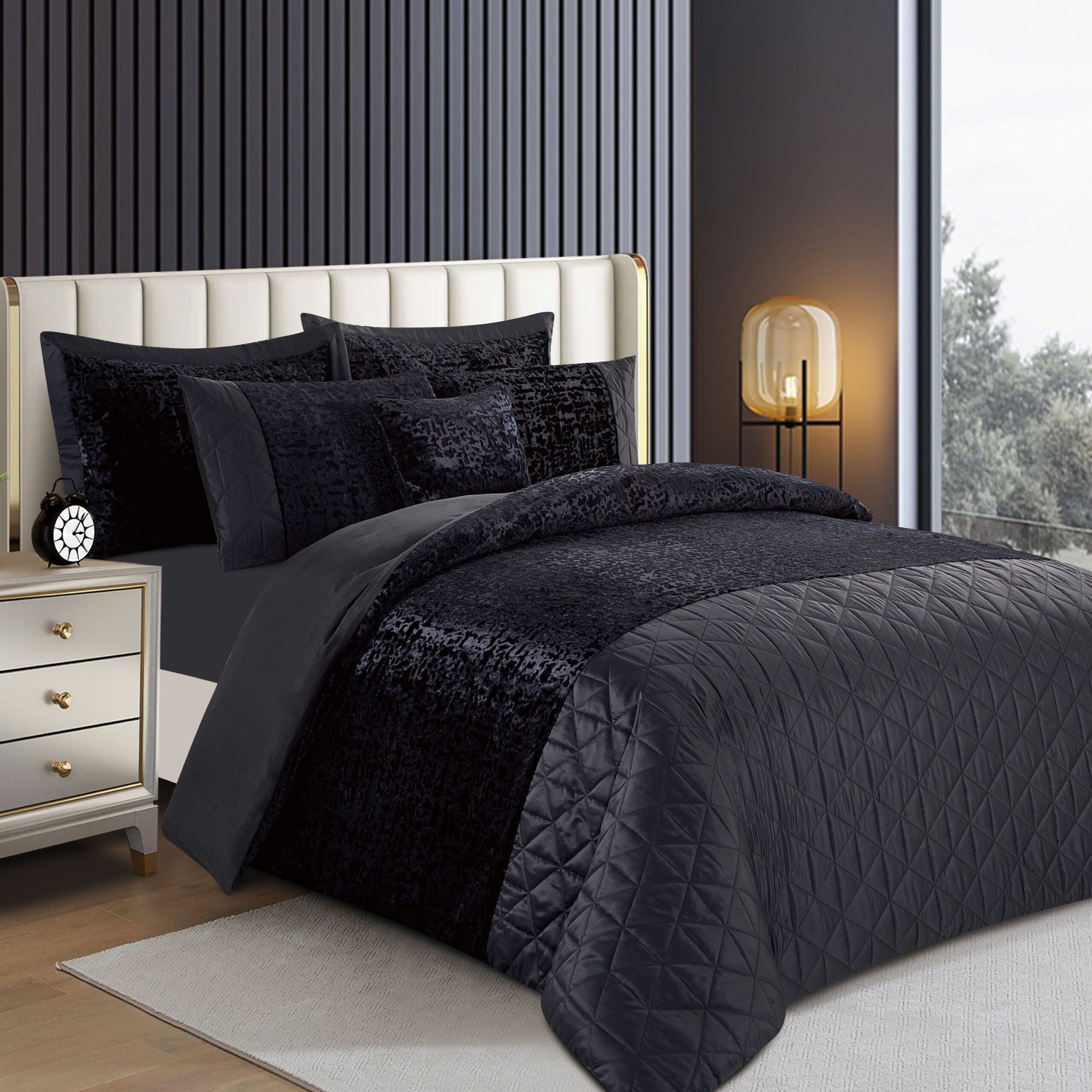 Black crushed velvet duvet cover set with plush textured bedding finish