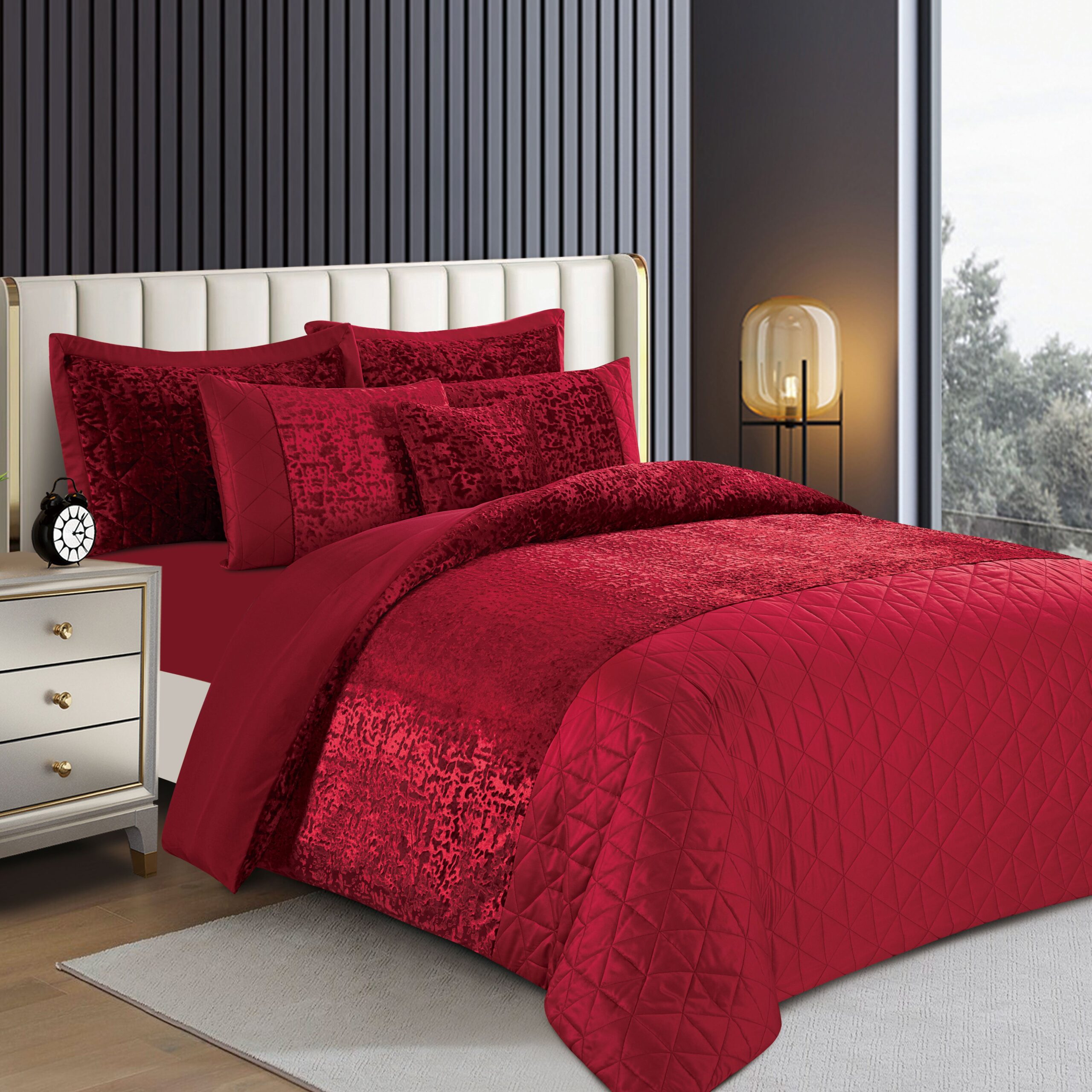 Burgundy crushed velvet duvet cover set with matching pillowcases