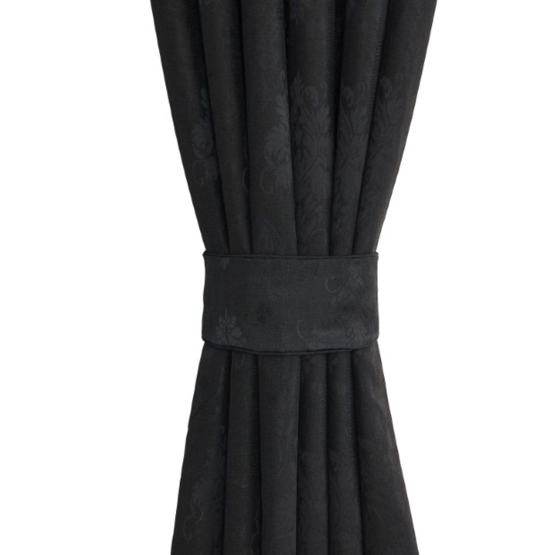 Black jacquard eyelet curtains close up damask pattern Rugstars UK