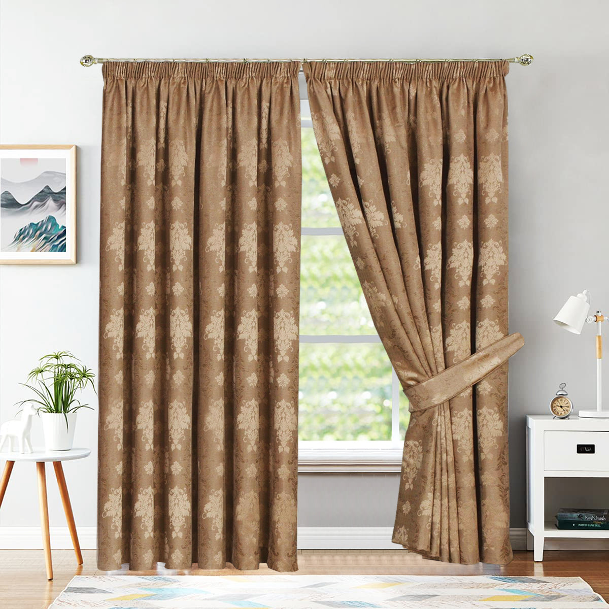 Coffee Virginia jacquard pencil pleat curtains fully lined Rugstars UK