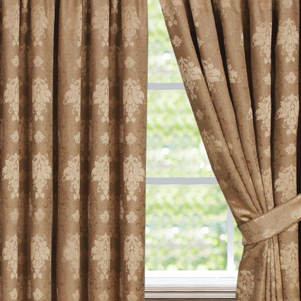 Coffee Virginia pencil pleat curtains woven damask detail Rugstars UK