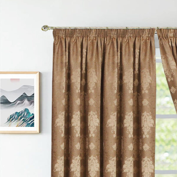 Coffee Virginia fully lined pencil pleat curtains close up Rugstars UK
