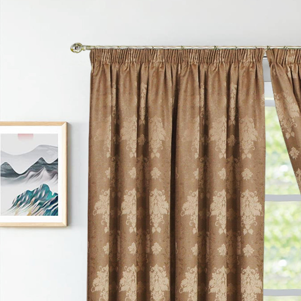 Coffee Virginia fully lined pencil pleat curtains close up Rugstars UK