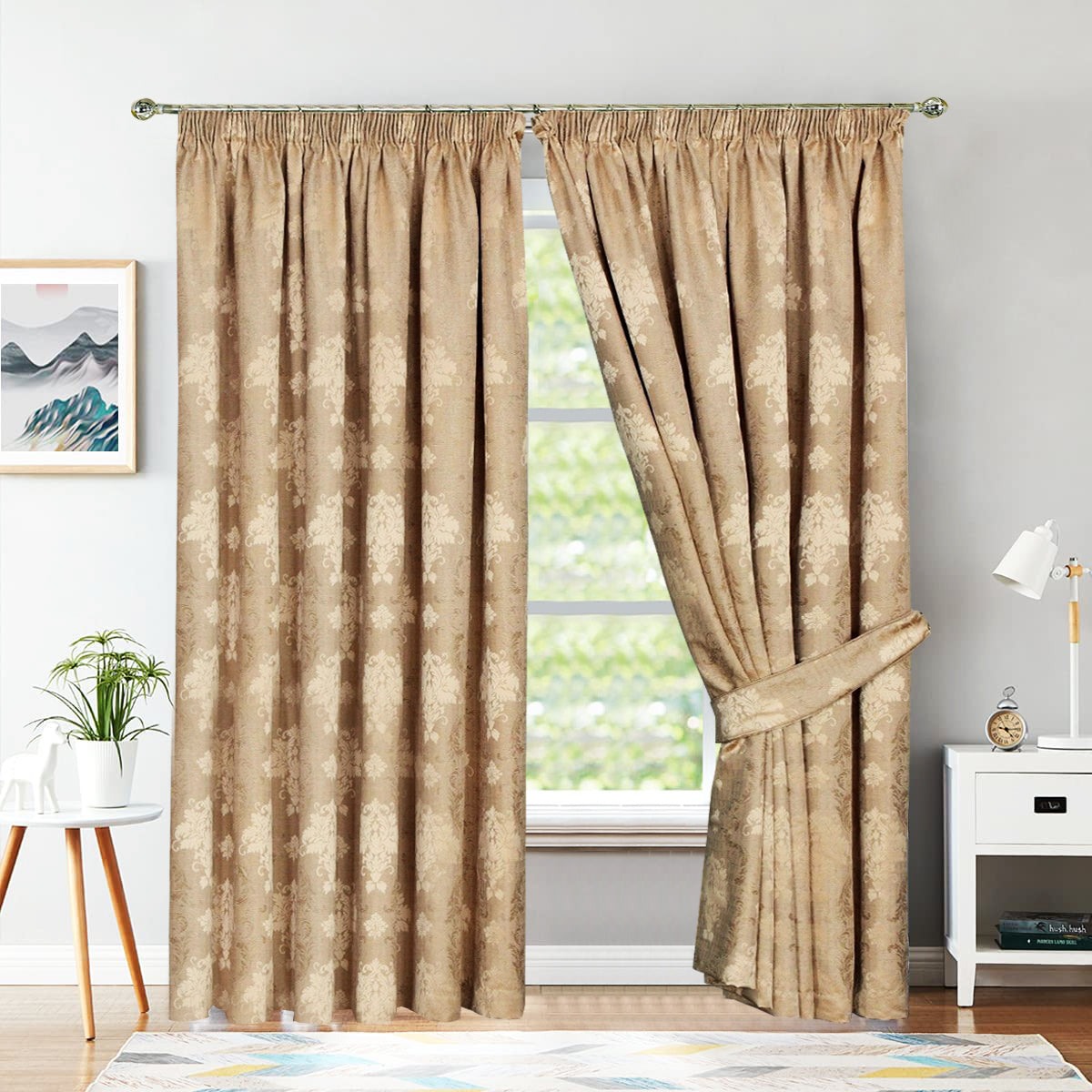 Gold Virginia jacquard pencil pleat curtains fully lined Rugstars UK
