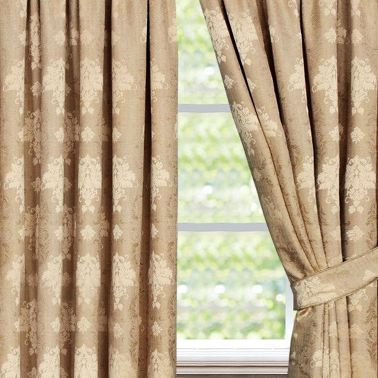 Gold Virginia pencil pleat curtains woven damask detail Rugstars UK