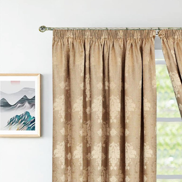 Gold Virginia fully lined pencil pleat curtains close up Rugstars UK