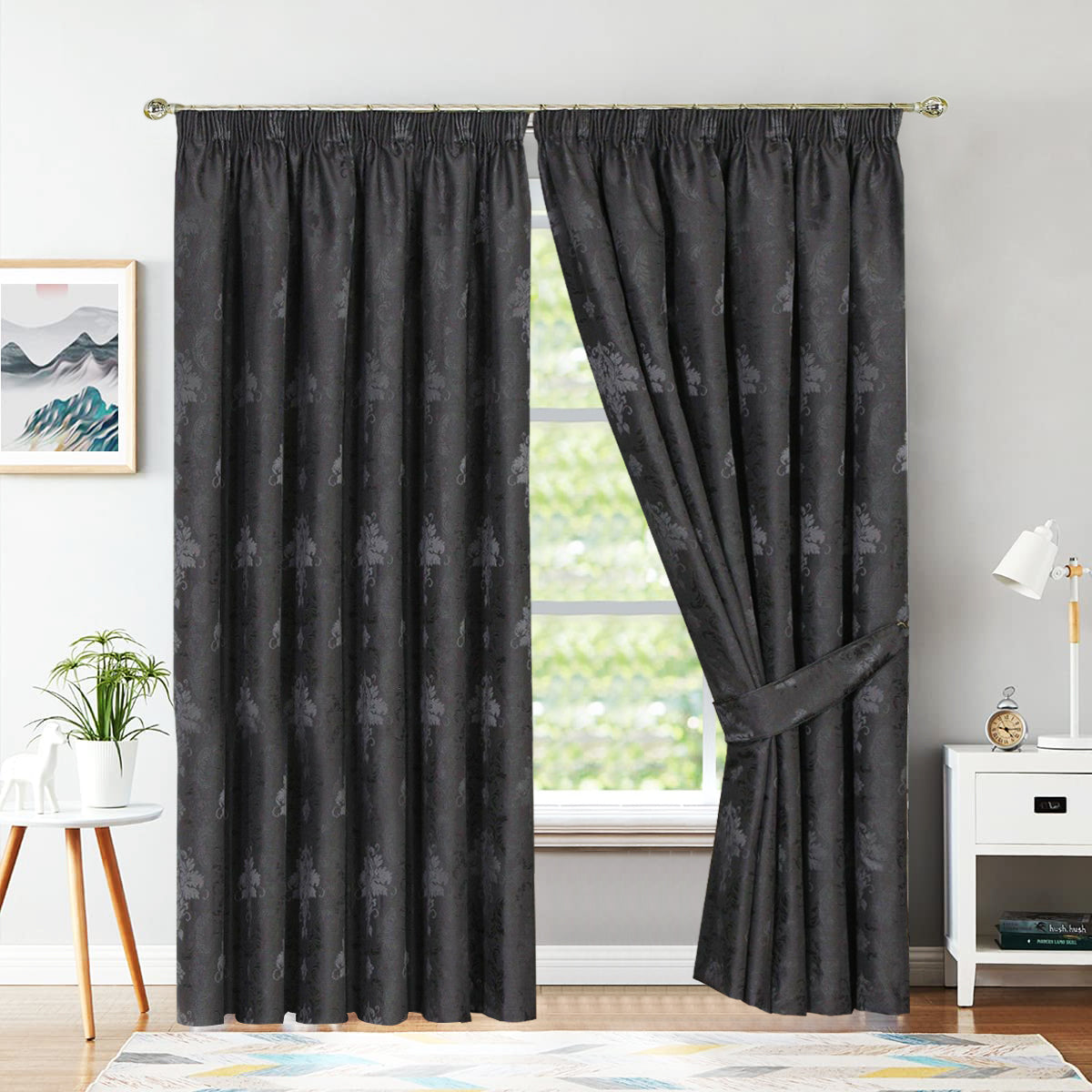 Grey Virginia jacquard pencil pleat curtains fully lined Rugstars UK