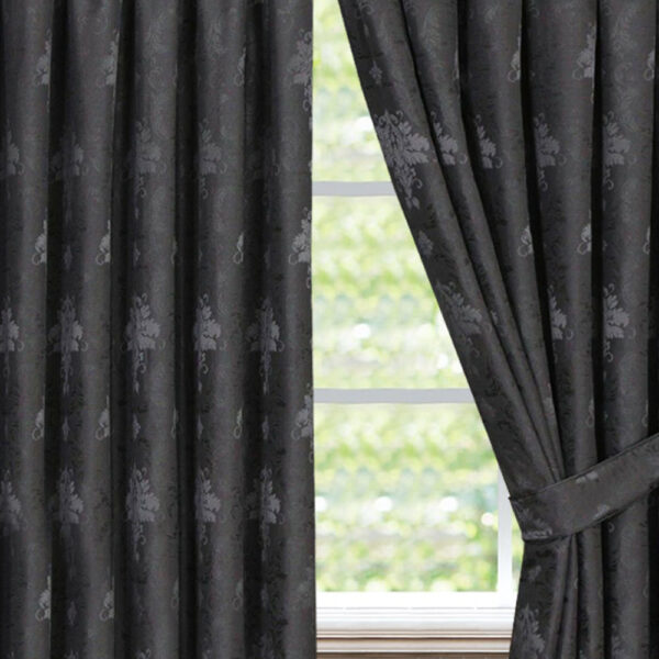 Grey Virginia pencil pleat curtains woven damask detail Rugstars UK